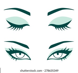 Vector female eyes. Closed and opened eyes with beautiful makeup