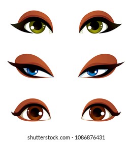 Vector female eyes collection in different emotion with blue, brown and green eye iris. Women eyes with stylish makeup isolated on white background.