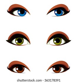 Vector female eyes collection in different emotion with blue, brown and green eye iris. Women eyes with stylish makeup isolated on white background.