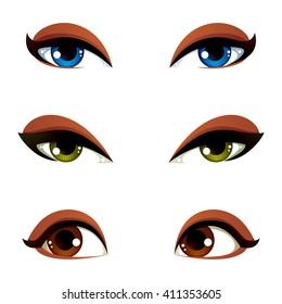 Vector female eyes collection in different emotion with blue, brown and green eye iris. Women eyes with stylish makeup isolated on white background.