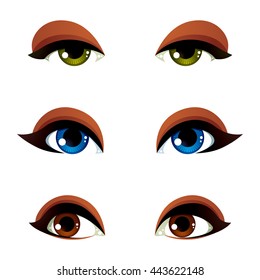 Vector female eyes collection in different emotion with blue, brown and green eye iris. Women eyes with stylish makeup isolated on white background.