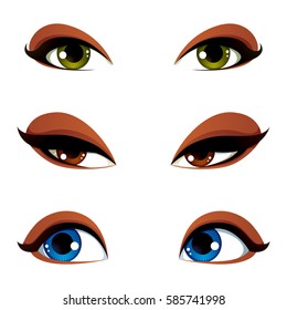 Vector female eyes collection in different emotion with blue, brown and green eye iris. Women eyes with stylish makeup isolated on white background.