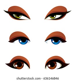 Colección de ojos hembra vectoriales en diferentes emociones con iris ocular azul, marrón y verde. Los ojos de las mujeres con un diseño elegante aislado de fondo blanco.