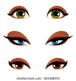 Vector female eyes in different emotion with blue, brown and green eye iris. Women eyes with stylish makeup isolated on white background.