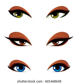 Vector female eyes in different emotion with blue, brown and green eye iris. Women eyes with stylish makeup isolated on white background.