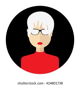 Vector female face avatar, logo, template, pictogram, button. Round trendy flat icon with women for business, internet, design.