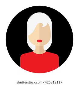 Vector female face avatar, logo, template, pictogram, button. Round trendy flat icon with women for business, internet, design.