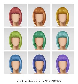 Vector Female Face Avatar Profile Head with Multicolored Hairs Icon Picture Isolated on Background