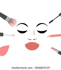 vector female face with cosmetic items. flat face image with makeup items