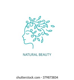Vector Female Face Logo In Linear Style. Woman Profile  With Floral Hair Icon. Natural Beauty Concept.