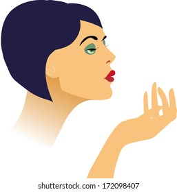 vector female face with make-up and with hand