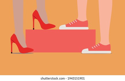 vector of female feet in different shoes. flat image of female feet in high heel shoes and female feet in sneakers