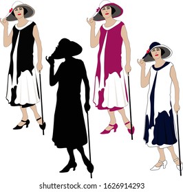 vector. female figures in hats with a cane in different versions