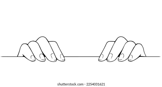 Vector female fingers holding onto something. Drawing of hands holding blank advertising paper card horizontal isolated on white background