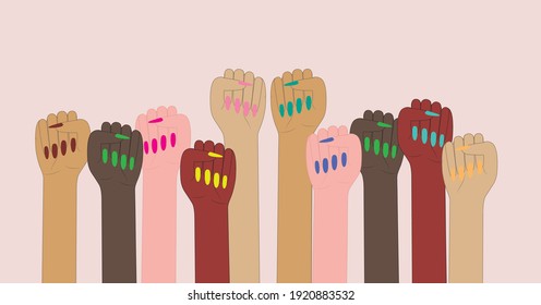 vector female fists. flat illustration of three female fists. bright manicure on female hands