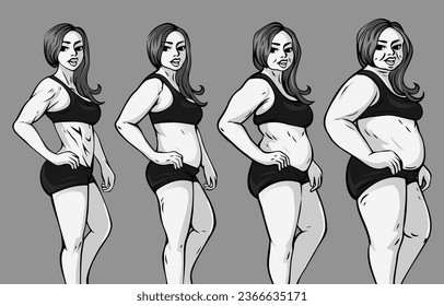 Proceso de cambio de forma del cuerpo de fitness femenino vectorial