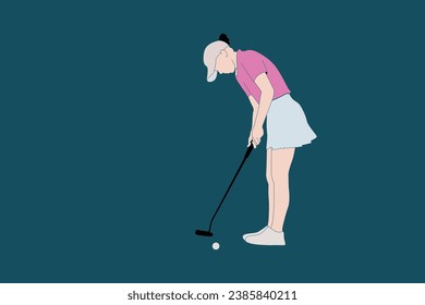 Vector de la golfista femenina. Golfer. Gente jugando al golf en un estilo plano, aislado en un fondo verde oscuro. Símbolos para diseñar tu sitio web, logotipo, aplicaciones, publicaciones.