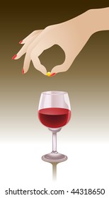 Vector female hand dropping a shiny yellow (maybe harmful) pill into the glass of red wine