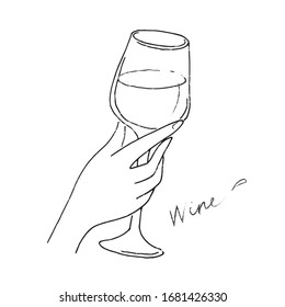 Vector female hand holding glass of wine for wine bar or shop, sommelier. Logotype, abstract symbol, emblem