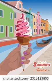 vector female hand holding strawberry ice cream with cone in front of bridge river traditional boat venice italy