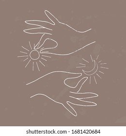 Vector female hand holding sun, luna, moon. Chalk hand drawn illustration. Logotype, abstract symbol, emblem, texture, craft, brown