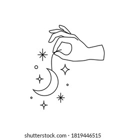 Vector female hand logo, icon in minimal linear style. Emblem design template with hand gesture holding moon and stars for cosmetics, manicure, beauty, tattoo, spa, jewelry