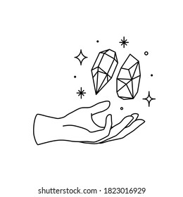 Logotipo de la mano hembra vectora, icono en un estilo lineal mínimo. Plantilla de diseño Emblem con gestos de mano que contienen cristales y estrellas para cosméticos, manicura, belleza, tatuaje, spa, joyería