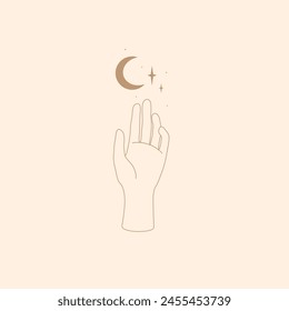 Vector female hand logo, icon in minimal linear style. Emblem design template with hand gesture, crescent and stars. Concept of Magic, Esotericism, Witchcraft, Astrology. For cosmetics, beauty, tattoo