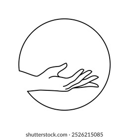 Logotipo da mão feminina do vetor em estilo linear mínimo. Emblema, modelo de design de símbolo com gesto de mão isolado no fundo branco. Para cosméticos, beleza, tatuagem, spa, manicure, massagem