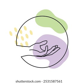 Vector female hand logo in minimal linear style. Emblem, symbol design template with hand gesture isolated on white background. For cosmetics, beauty, tattoo, spa, manicure, massage