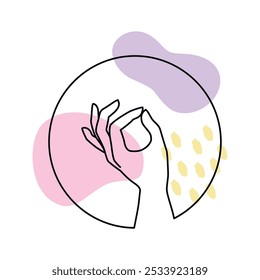 Logotipo da mão feminina do vetor em estilo linear mínimo. Emblema, modelo de design de símbolo com gesto de mão isolado no fundo branco. Para cosméticos, beleza, tatuagem, spa, manicure, massagem