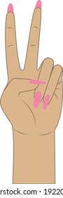 vector of female hand showing a peace sign. Two fingers raised up. Peace and Victory.