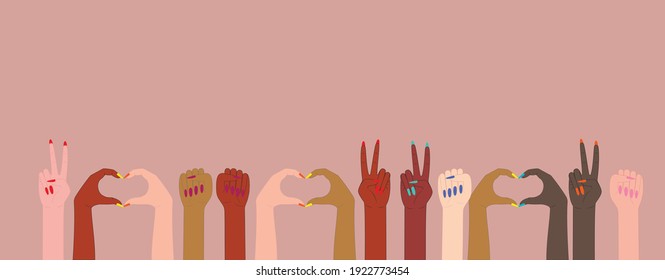 vector of female hands with different skin color. flat image of hands with different gestures. hand gestures