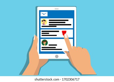 Vector female hands holding a tablet. The concept of remote team work via the Internet.