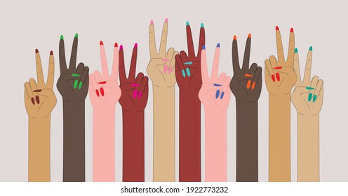 vector of female hands showing a peace sign. Two fingers raised up. Peace and Victory. 