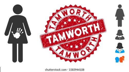Vector female harassment icon and grunge round stamp watermark with Tamworth text. Flat female harassment icon is isolated on a white background. Tamworth stamp uses red color and grunged surface.