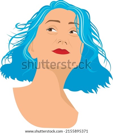 Vector female head. Attractive young woman with blue hair and red lips. Portpait of creative persone . Modern hairstyle.