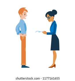 Vector female human resourses manager reading applicant resume, cv while male candidate standing waiting. Career, job and employment concept with business woman and man.