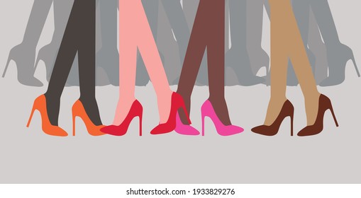 vector with female legs in shoes. flat image of female feet
with different skin colors in high-heeled shoes