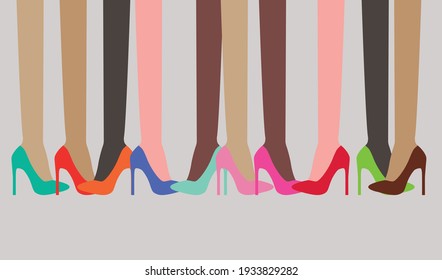 vector with female legs in shoes. flat image of female feet
with different skin colors in high-heeled shoes