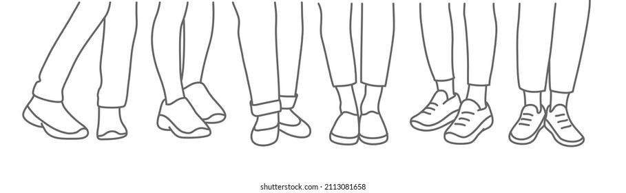 Vector with female legs in trousers and shoes. Hand drawn vector illustration. Black and white.