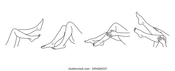 Vector female legs in various poses.  Line style. Isolated on white background. Set for spa salon, eco cosmetics.