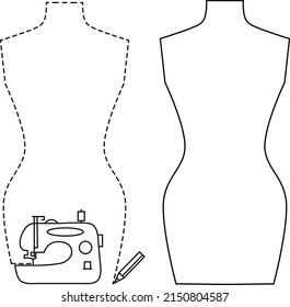 Vector female linear and dotted line mannequines, sewing machine, pencil. Isolated on white elements for design card, poster, illustration about tailoring, fashion, craft.