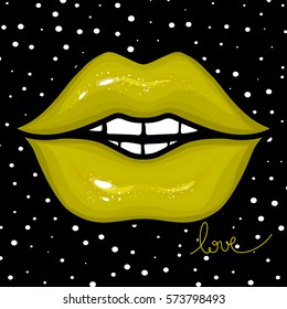 Vector female lips. Glow and vivid design. Sweet kiss. Glamour vector illustration in vogue style. Provocative poster. Girl close up. Trendy Fashion card with perfect mouth. 