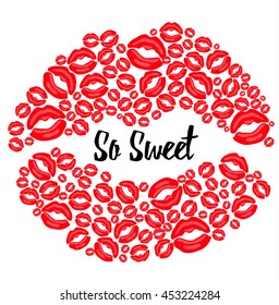 Vector female lips with text "So Sweet" inside. Kiss imprint shape filled with plenty of tiny kisses. Bright red design isolated on white background.