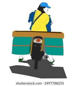 vector of female motorbike trader with bamboo woven container behind