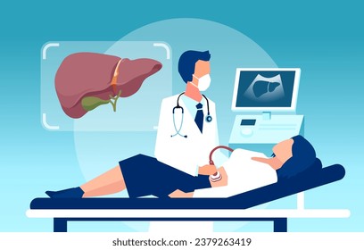 Vector de una paciente en una clínica que recibe un examen de ultrasonografía del hígado