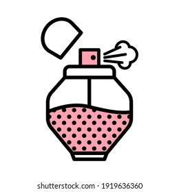 Vector female perfume bottle spraying icon in flat style with black stroke, pink fill and circles texture isolated on a white background