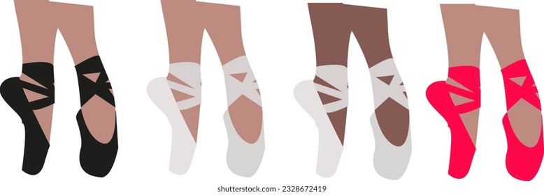 Vector female pointe shoes set - black, red, white ballet shoes. Ballet dance - dancing shoes in en pointe position. Legs dancers on pointe. Female legs in black, white and red point