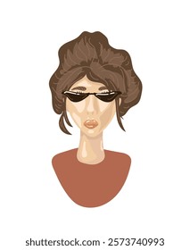 vector female portrait full face. serious young woman in sunglasses. fashion illustration. vogue and modern style.